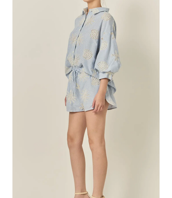 Striped Sunshine Embroidered Shorts- Blue
