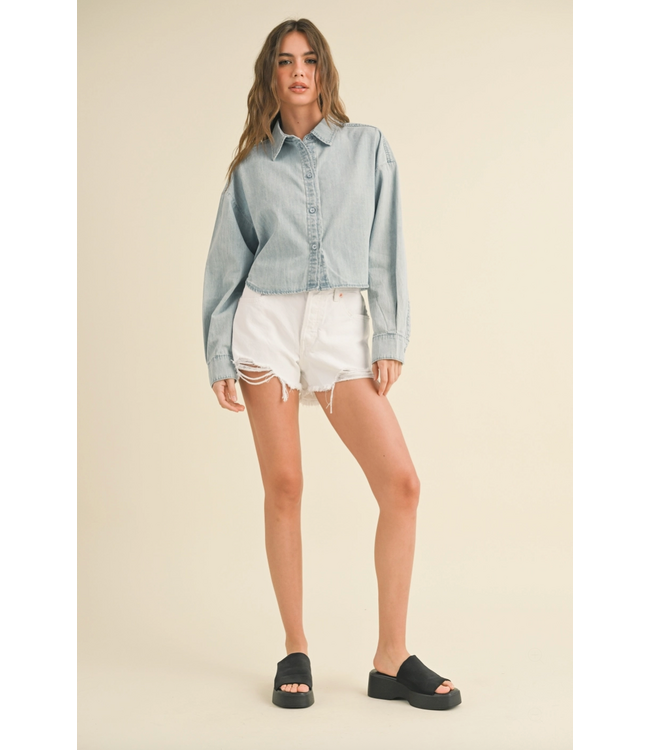 Cropped Light Wash Denim Button Down