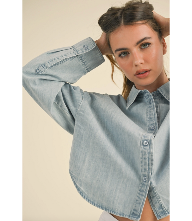 Cropped Light Wash Denim Button Down