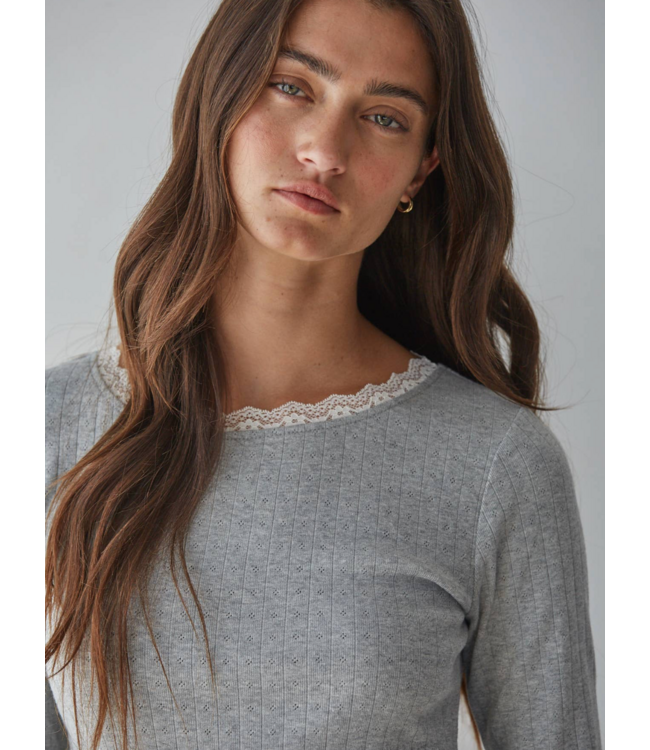 Cotton Pointelle Long Sleeve- Grey/Ivory