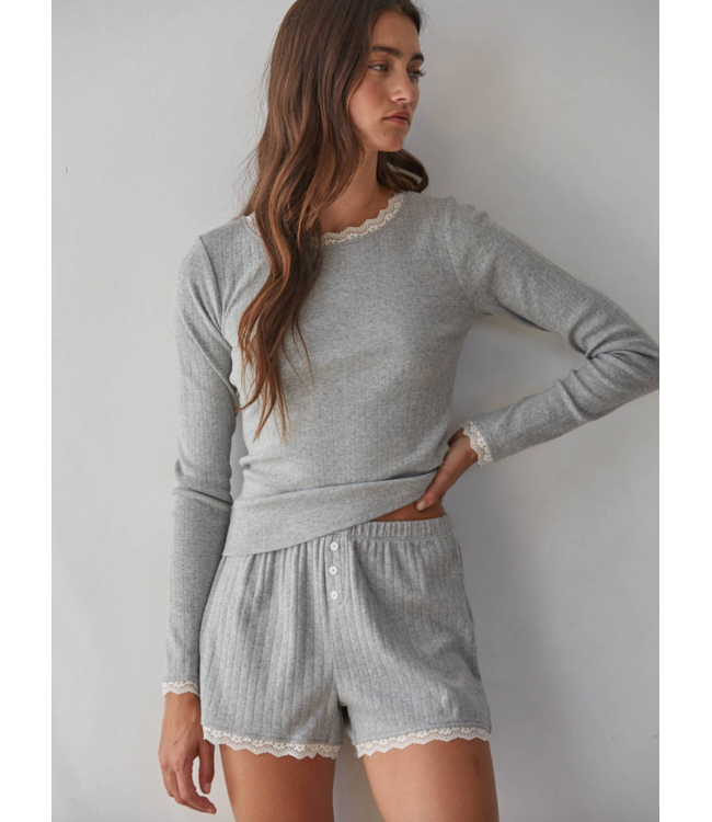Cotton Pointelle Long Sleeve- Grey/Ivory