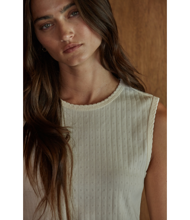 Cotton Pointelle Round Neck Tank- Cream