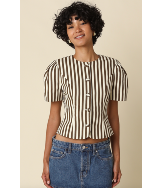 Selina Stripe Puff Sleeve- Natural/Brown