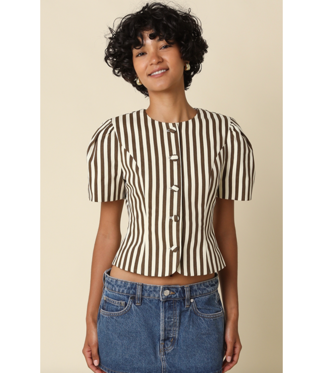 Selina Stripe Puff Sleeve- Natural/Brown