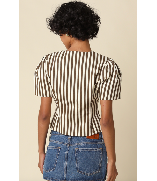 Selina Stripe Puff Sleeve- Natural/Brown
