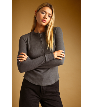 Half Snap Waffle Long Sleeve- Charcoal