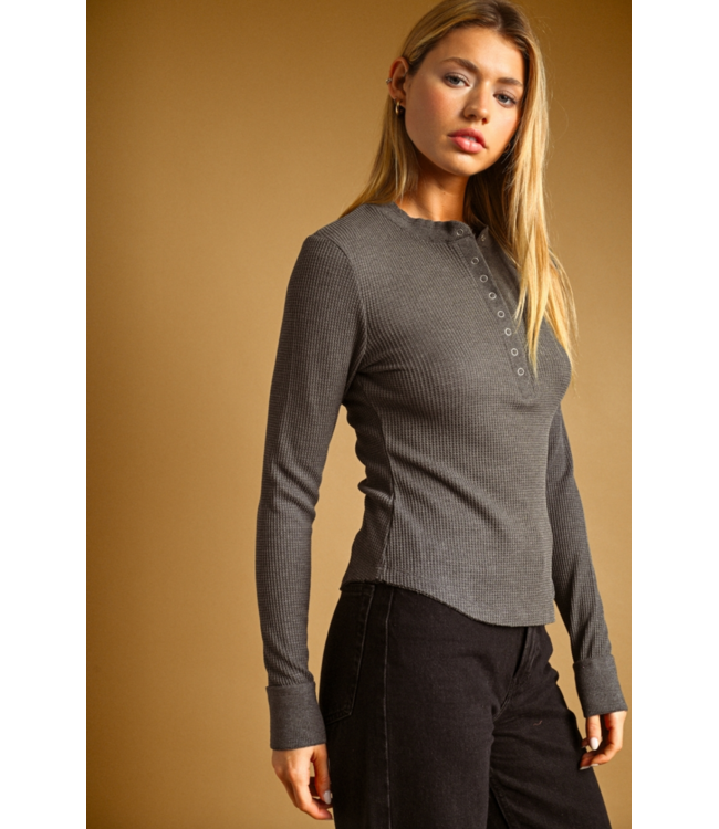 Half Snap Waffle Long Sleeve- Charcoal