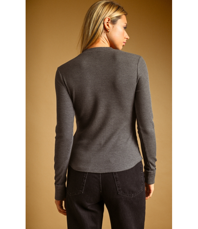 Half Snap Waffle Long Sleeve- Charcoal