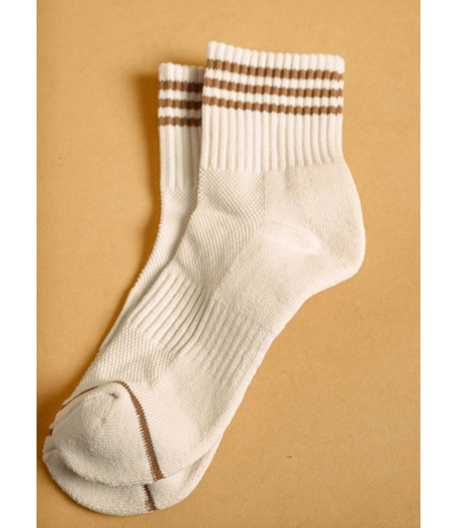 Soft White Ankle Socks with Pastel Stripe- Cream/Brown