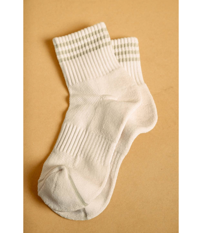 Soft White Ankle Socks with Pastel Stripe- Cream/Sage
