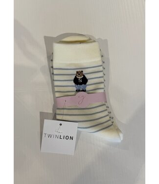 Preppy Bear Socks- White/Blue Stripe