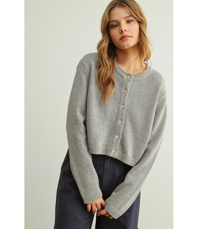 Round Neck Knit Cardigan- Grey