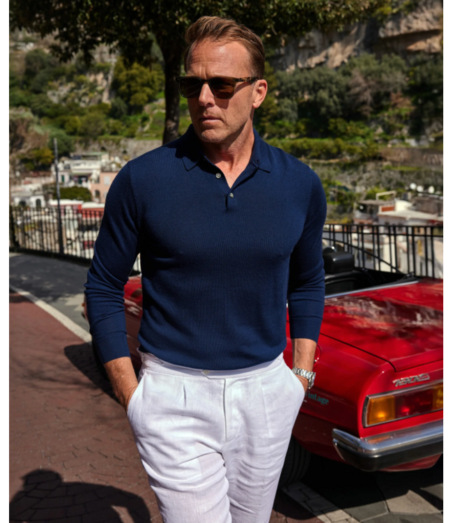 Bellagio Three Button Long Sleeve Merino Polo- Navy