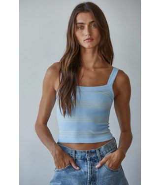 Seamless Ribbed Striped Tank- Powder Blue/Cream