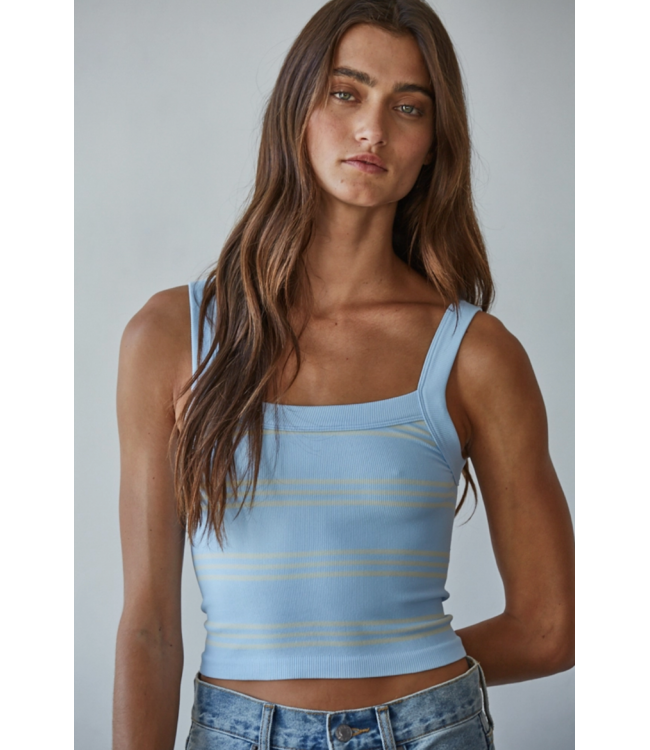 Seamless Ribbed Striped Tank- Powder Blue/Cream
