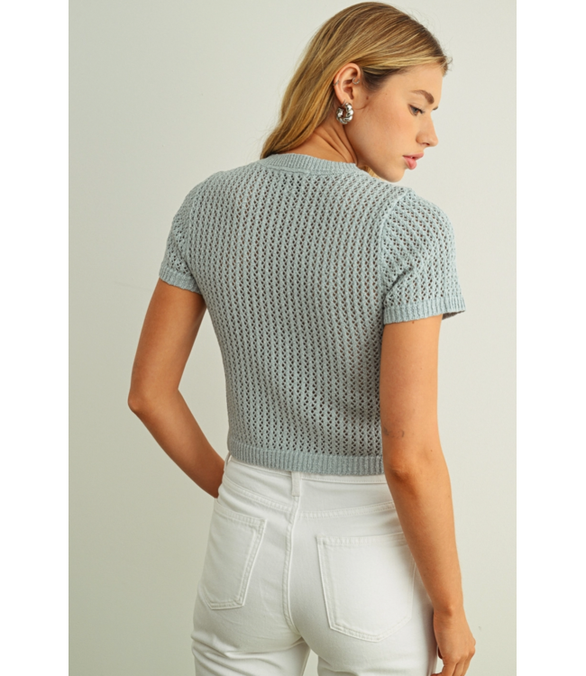 Button Up Knitted Short Sleeve- Aqua Grey