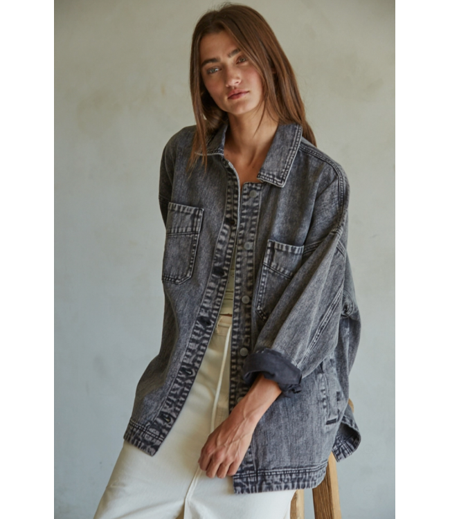 Cotton Denim Jacket- Washed Black