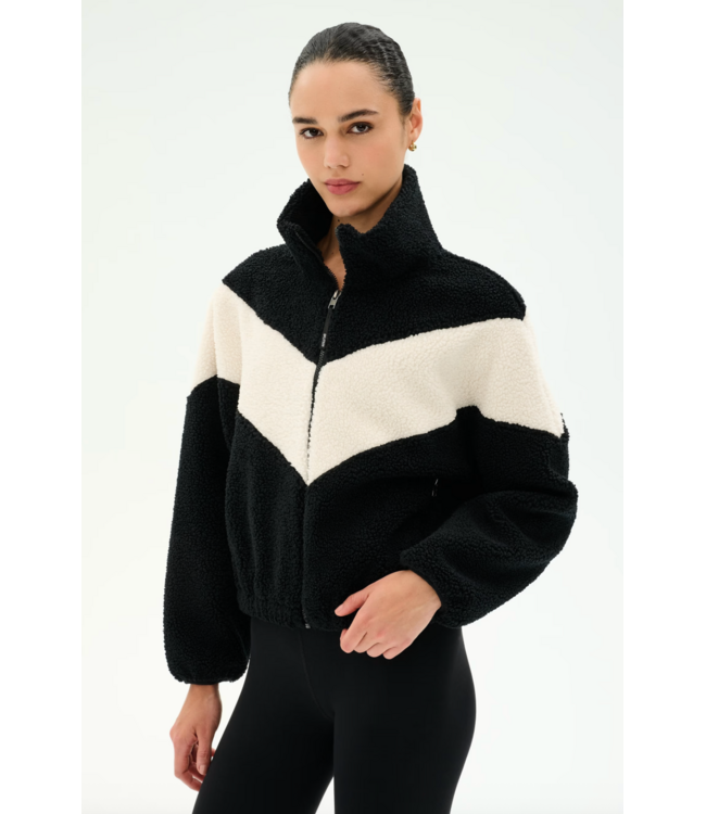 Lottie Chevron Sherpa Full Zip Jacket- Black/Creme