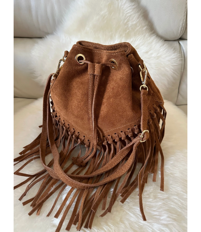 Suede Fringe Bucket Bag- Brown