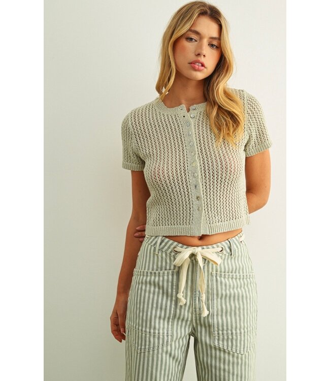 Button Up Knitted Short Sleeve- Sage Mist