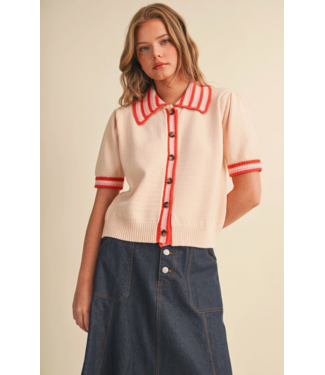 Striped Knit Contrast Short Sleeve Knit Cardigan- Cream/Multi