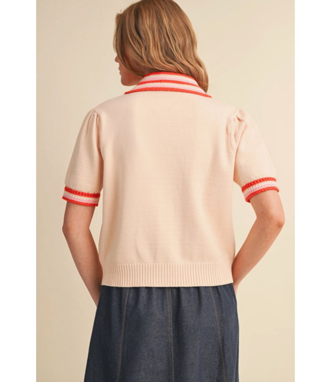 Striped Knit Contrast Short Sleeve Knit Cardigan- Cream/Multi