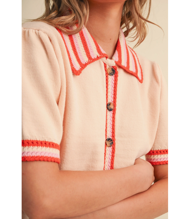 Striped Knit Contrast Short Sleeve Knit Cardigan- Cream/Multi