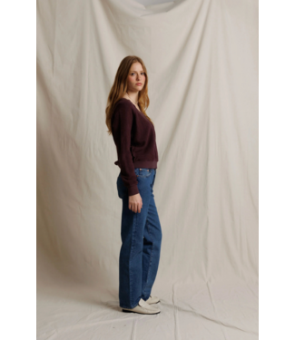 Perfectwhitetee Zuri Reverse Fleece V Neck- Cherry Lacquer