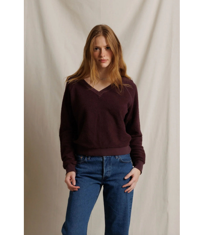 Zuri Reverse Fleece V Neck- Cherry Lacquer