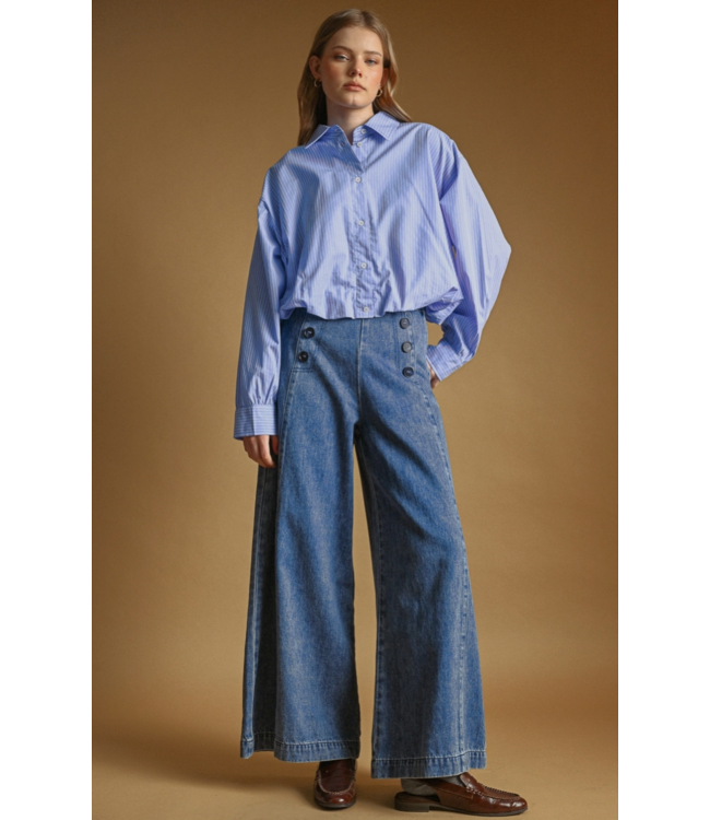 Striped Ballon Hem  Button Down- Blue/White