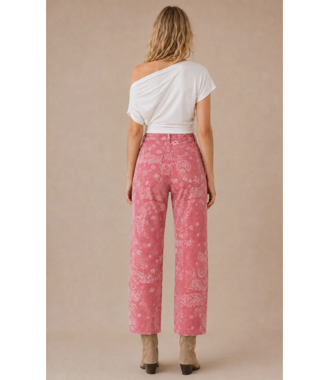 Bandana Print Washed Barrel Denim Pants- Vintage Red