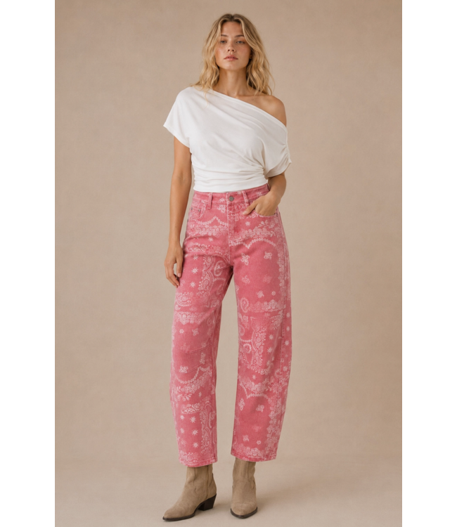 Bandana Print Washed Barrel Denim Pants- Vintage Red