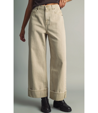 Wide Cuffed Vintage Wash Denim Pants- Beige