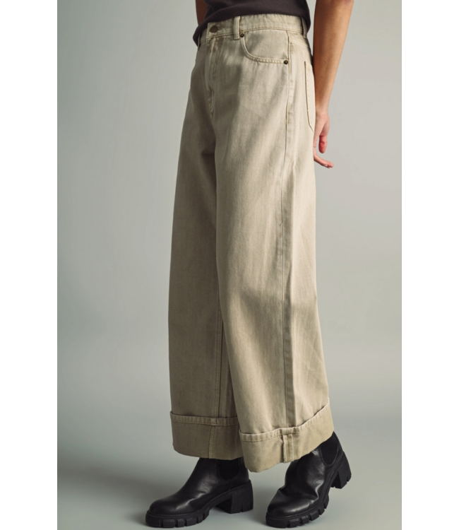 Wide Cuffed Vintage Wash Denim Pants- Beige