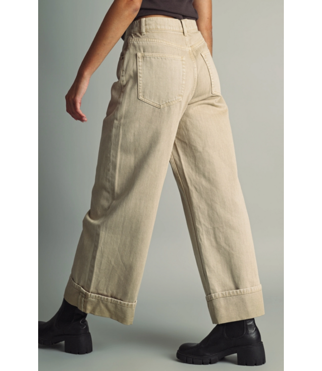 Wide Cuffed Vintage Wash Denim Pants- Beige