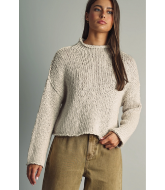 Roll Hemming Long Sleeve Sweater Top- White Tea