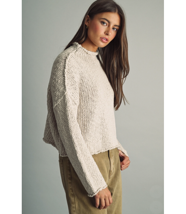 Roll Hemming Long Sleeve Sweater Top- White Tea