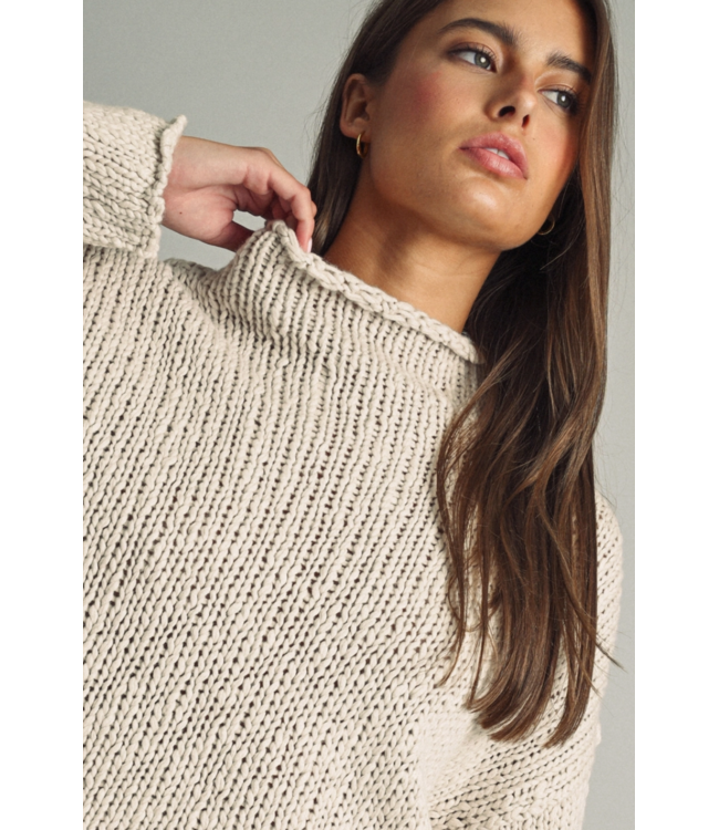 Roll Hemming Long Sleeve Sweater Top- White Tea