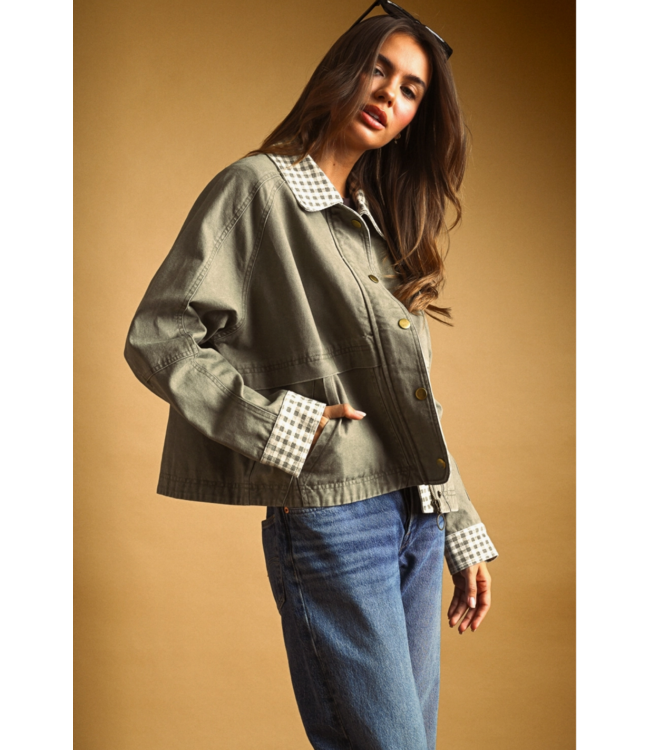Gingham Collared Jacket- Olive