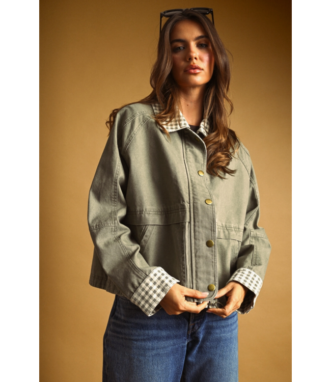 Gingham Collared Jacket- Olive