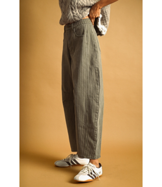 Pinstriped  Barrel Pants- Olive