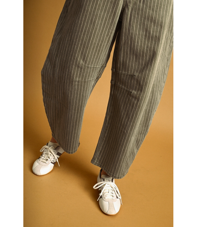 Pinstriped  Barrel Pants- Olive