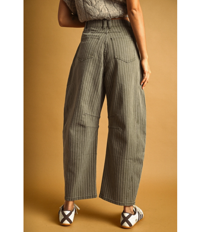 Pinstriped  Barrel Pants- Olive