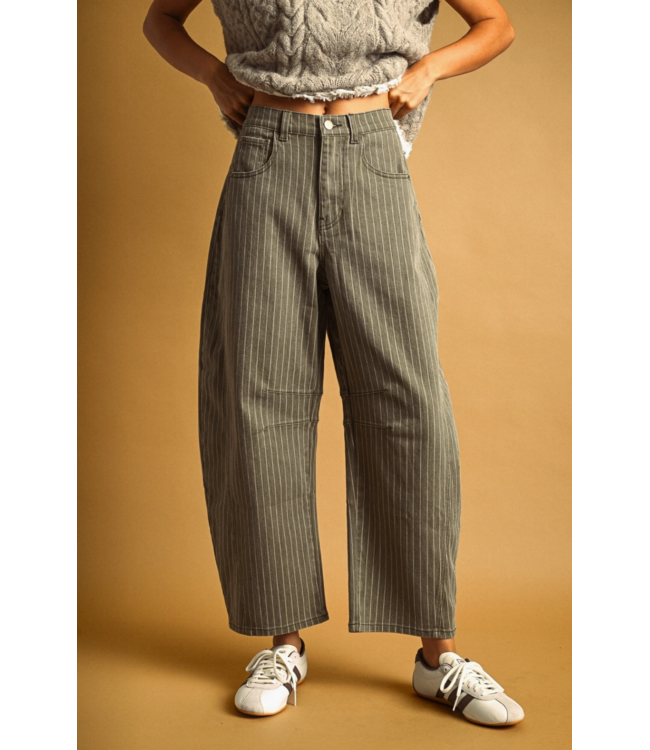 Pinstriped  Barrel Pants- Olive