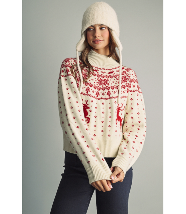 Nordic Reindeer & Snowflake Round-Yoke Sweater