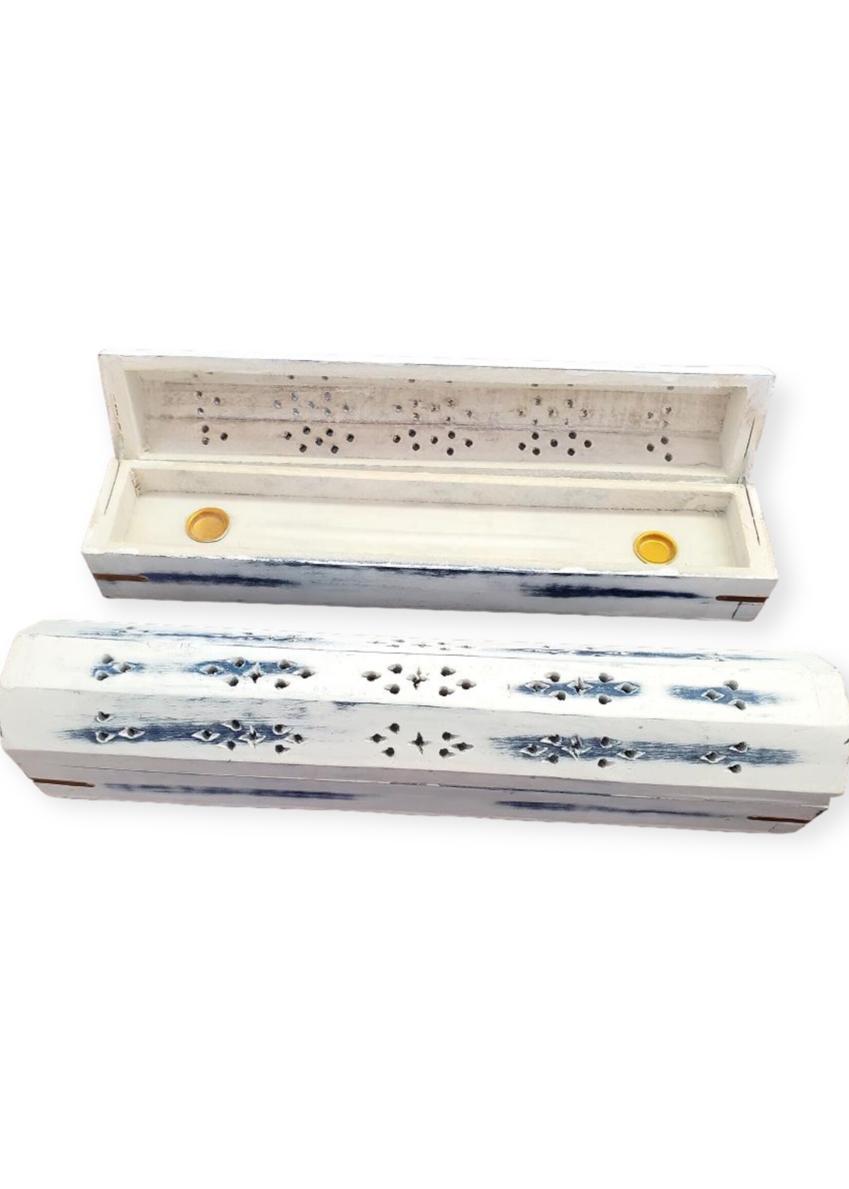 White Wash Blue Wood Incense Box Burner