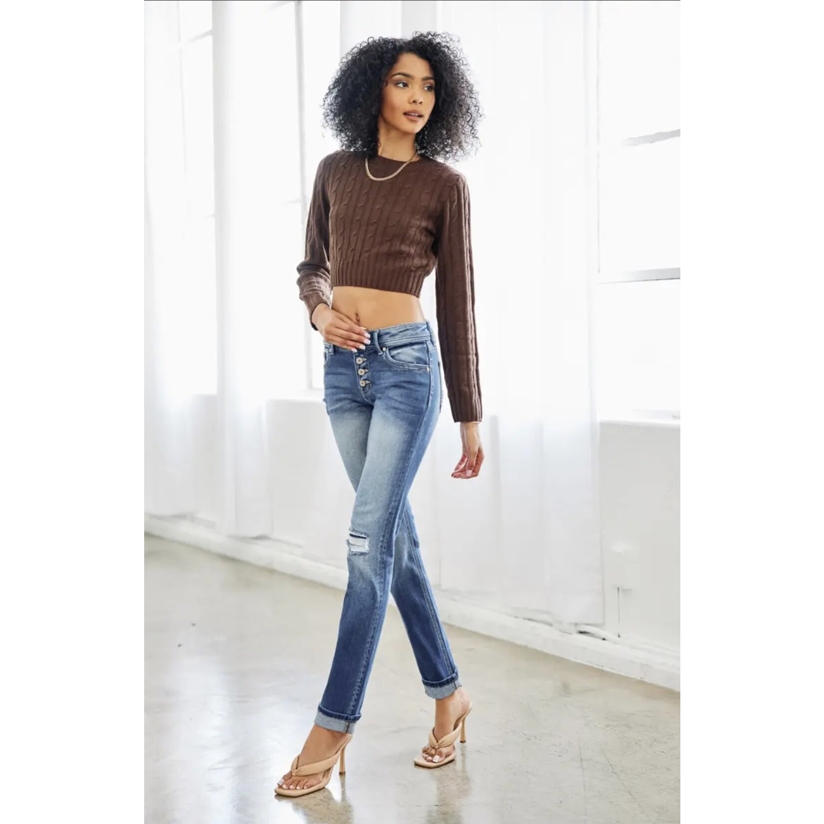 Kan Can Mid Rise Repaired Skinny Straight w/ Single Cuff