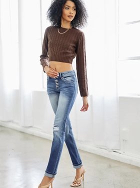 Kan Can Mid Rise Repaired Skinny Straight w/ Single Cuff