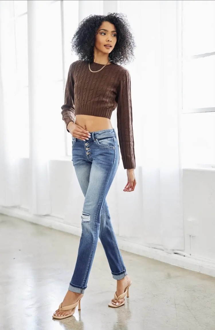 Kan Can Mid Rise Repaired Skinny Straight w/ Single Cuff