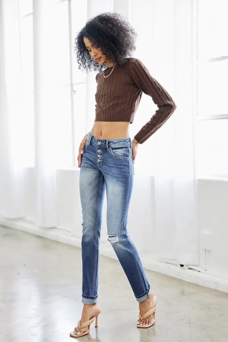 Kan Can Mid Rise Repaired Skinny Straight w/ Single Cuff